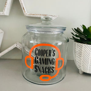 personalised gaming snack jar with lid, headphone image with name's gaming snacks on the front