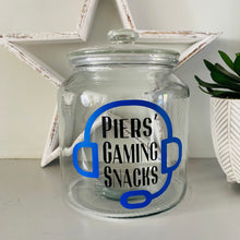 Load image into Gallery viewer, personalised gaming snack jar with lid, headphone image with name&#39;s gaming snacks on the front
