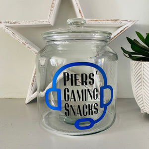 personalised gaming snack jar with lid, headphone image with name's gaming snacks on the front