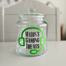 Load image into Gallery viewer, personalised gaming snack jar with lid, headphone image with name&#39;s gaming snacks on the front
