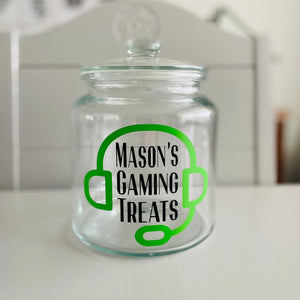 personalised gaming snack jar with lid, headphone image with name's gaming snacks on the front