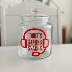 personalised gaming snack jar with lid, headphone image with name's gaming snacks on the front