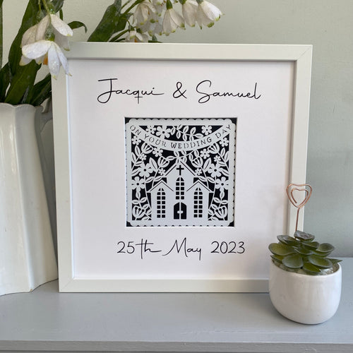 papercut wedding image in a box frame with bride and grooms names and date of wedding