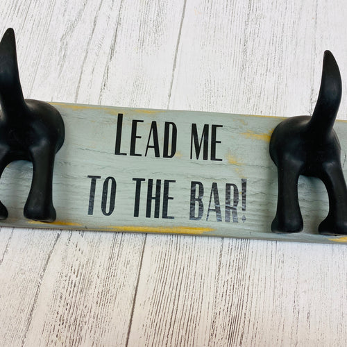 wooden plaque with two dog lead hooks and the text lead me to the bar