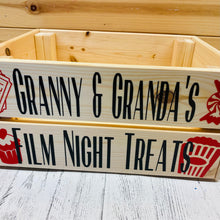 Load image into Gallery viewer, Personalised wooden film night treat crate with popcorn sweet and ticket images
