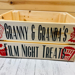 Personalised wooden film night treat crate with popcorn sweet and ticket images