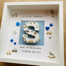 Load image into Gallery viewer, new baby personalised frame with initial in the middle
