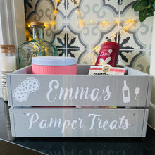 Load image into Gallery viewer, personalised wooden crate to fill with pamper treats with your choice of text
