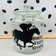 Load image into Gallery viewer, glass jar with horse image personalised racing fund jar
