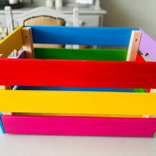 Load image into Gallery viewer, hand painted in rainbow colours large wooden craft crate personalised
