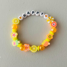 Load image into Gallery viewer, elasticated mixed beaded bracelet with happy word in yellow green blue
