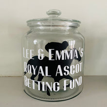 Load image into Gallery viewer, glass jar with horse image personalised racing fund jar
