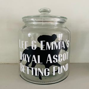 glass jar with horse image personalised racing fund jar