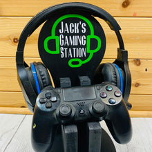 Load image into Gallery viewer, wooden gaming station stand for controller and headset
