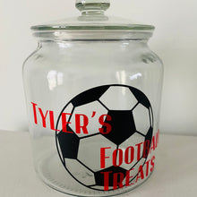 Load image into Gallery viewer, glass snack jar with football image and personalised text
