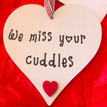 Load image into Gallery viewer, hanging heart with gingham ribbon personalised with i miss you nana and gramps
