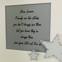 Load image into Gallery viewer, personalised friends are like stars poem framed white and grey
