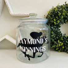 Load image into Gallery viewer, glass jar with horse image personalised racing fund jar
