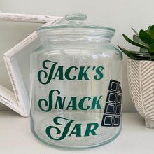 Load image into Gallery viewer, personalised glass treat jar with your choice of text and sweet or chocolate image
