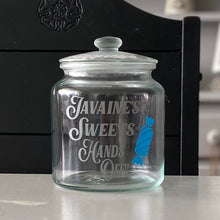 Load image into Gallery viewer, personalised glass treat jar with your choice of text and sweet or chocolate image
