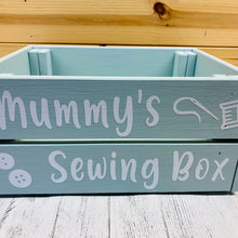 Load image into Gallery viewer, painted wooden crate personalised to keep sewing or knitting things in
