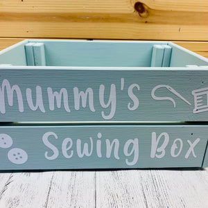 painted wooden crate personalised to keep sewing or knitting things in