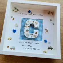 Load image into Gallery viewer, new baby personalised frame with initial in the middle
