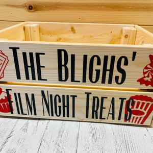 Personalised wooden film night treat crate with popcorn sweet and ticket images