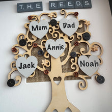 Load image into Gallery viewer, wooden framed family tree neutral colours names on hearts
