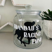 Load image into Gallery viewer, glass jar with horse image personalised racing fund jar
