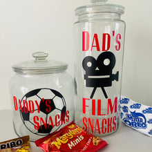 Load image into Gallery viewer, glass personalised film night snack jar with red text and black video camera image
