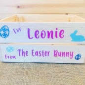 Load image into Gallery viewer, natural wood personalised easter crate with bunny and egg images
