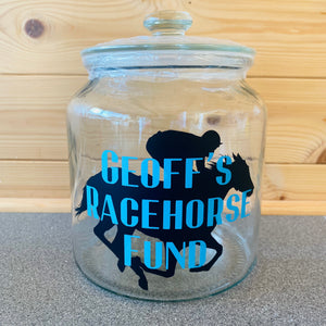 glass jar with horse image personalised racing fund jar