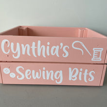 Load image into Gallery viewer, painted wooden crate personalised to keep sewing or knitting things in
