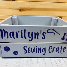 Load image into Gallery viewer, painted wooden crate personalised to keep sewing or knitting things in
