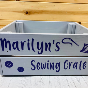 painted wooden crate personalised to keep sewing or knitting things in