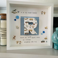 Load image into Gallery viewer, new baby personalised frame with initial in the middle
