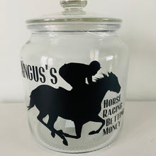 Load image into Gallery viewer, glass jar with horse image personalised racing fund jar
