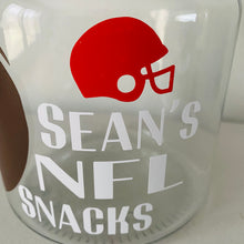 Load image into Gallery viewer, personalised NFL snack jar with american football image and helmet and your name
