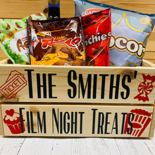 Load image into Gallery viewer, Personalised wooden film night treat crate with popcorn sweet and ticket images
