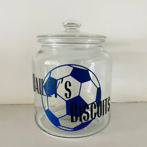 glass snack jar with football image and personalised text