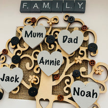 Load image into Gallery viewer, wooden framed family tree neutral colours names on hearts
