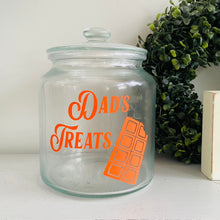 Load image into Gallery viewer, personalised glass treat jar with your choice of text and sweet or chocolate image
