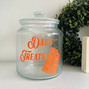 personalised glass treat jar with your choice of text and sweet or chocolate image