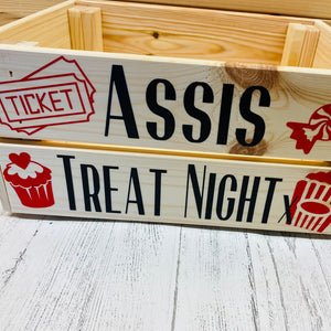 Personalised wooden film night treat crate with popcorn sweet and ticket images