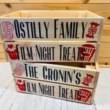 Load image into Gallery viewer, Personalised wooden film night treat crate with popcorn sweet and ticket images
