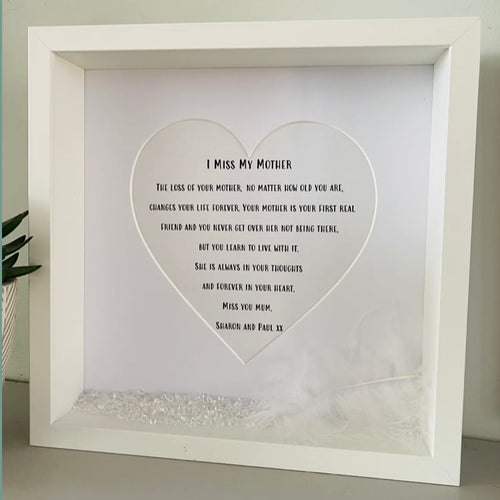 box framed remembrance poem I miss my mum with feather and crystals