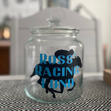 Load image into Gallery viewer, glass jar with horse image personalised racing fund jar
