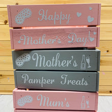 Load image into Gallery viewer, personalised wooden crate to fill with pamper treats with your choice of text
