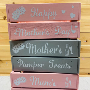 personalised wooden crate to fill with pamper treats with your choice of text